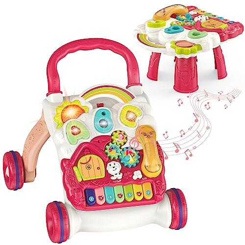 3 in 1 Sit-to-Stand Baby Walker, Activity Center for Baby Girl, Learning Walker, Multifunctional Removable Play Panel, Early Learning Push Music Toys for Infant 12 Months Red